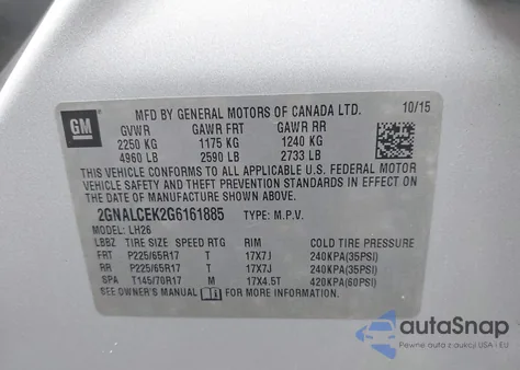 2016 Chevrolet Equinox Lt из США, поврежденный, VIN 2GNALCEK2G6161885